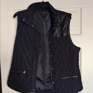 For Cynthia Navy Quilted Vest with Black Faux Leather Yoke